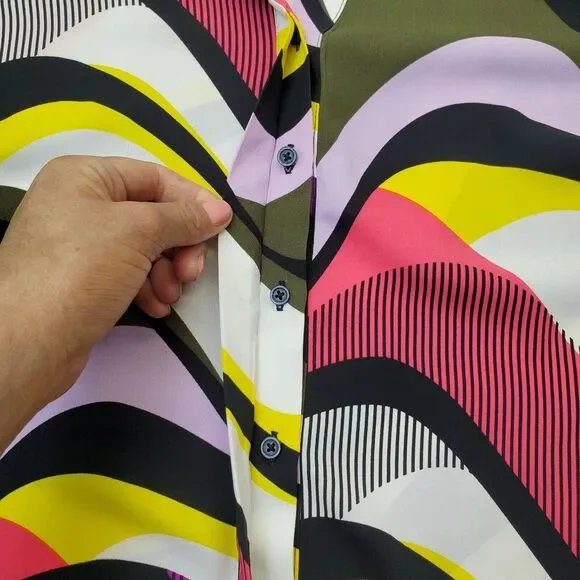 Dana Buchman Blouse Top Womens Large Multi Geometric Slit Collared‎ Button Front - Picture 5 of 9